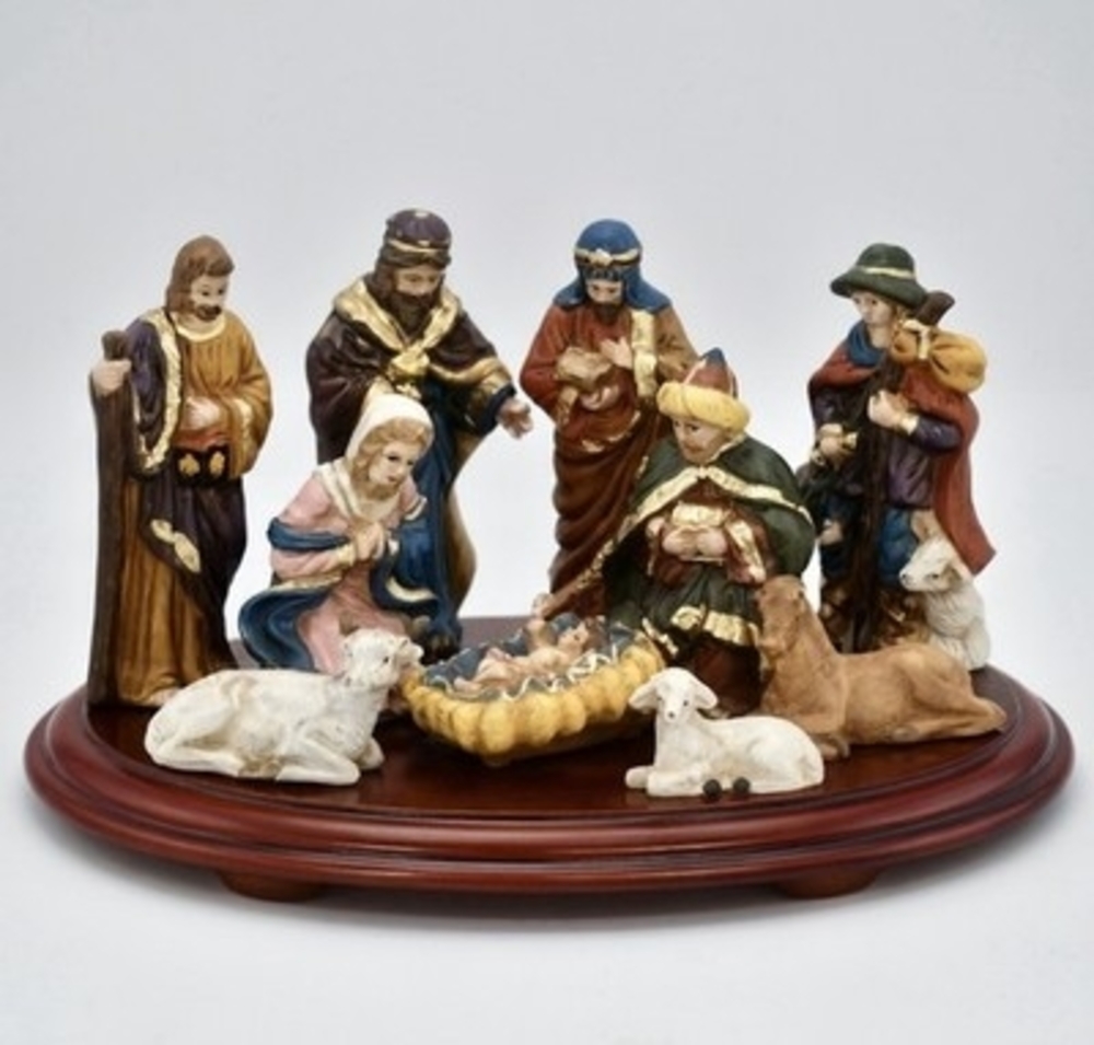 World Bazaar Crown 11pc Porcelain Nativity Set Wood Base Wise Men Mary Jesus